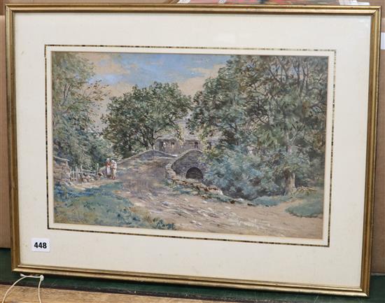 John Blake McDonald (1829-1902), watercolour, Figures on a bridge, signed, 28 x 44cm